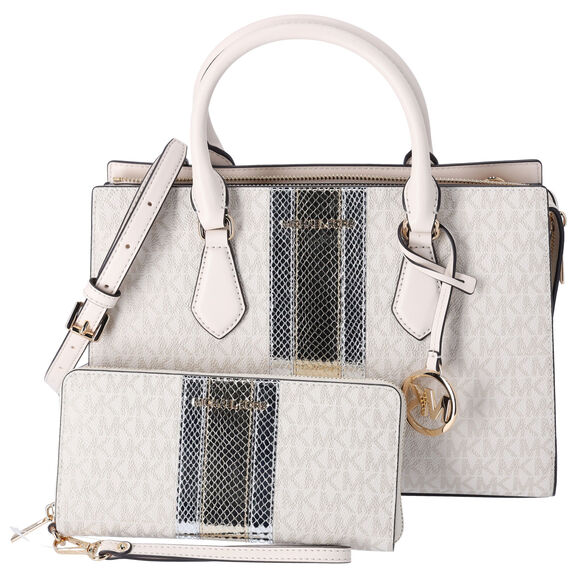 Michael Kors Sheila Medium Satchel Signature Logo Metallic MK Pale Gold + Wallet - Picture 1 of 9